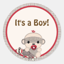 SOCK MONKEY Baby Shower blank Round BOY #5 Round Sticker