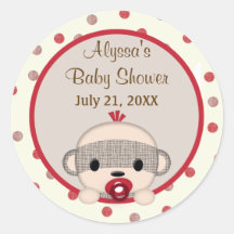 SOCK MONKEY Baby Shower Crib Round BOY #3 Sticker