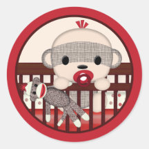 SOCK MONKEY Baby Shower Crib Seal Round BOY Sticker