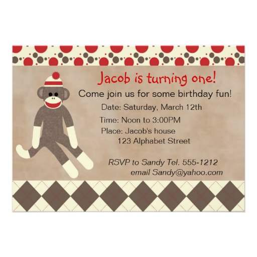 Sock Monkey Birthday Invitation