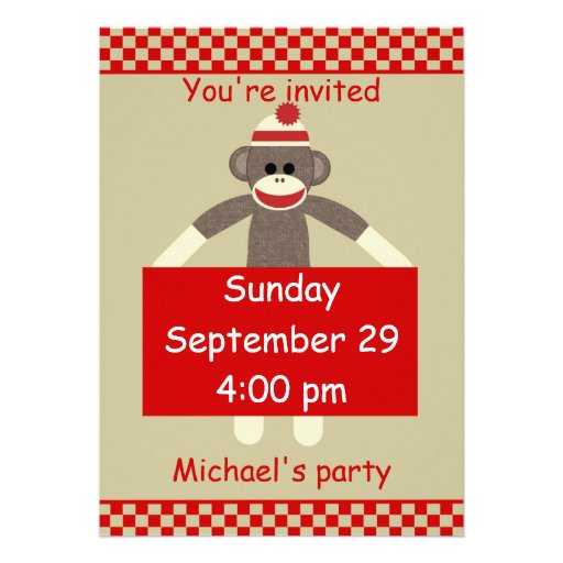 Sock Monkey birthday invitation customizable