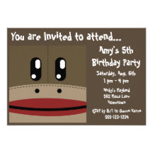 SOCK MONKEY Birthday Invitations Announcements