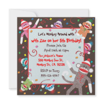 Sock Monkey Birthday Party Invitation Card