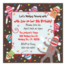 Sock Monkey Birthday Party Invitation Card