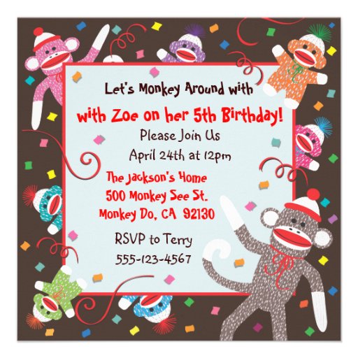 Sock Monkey Birthday Party Invitation Card