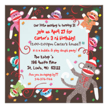 Sock Monkey Birthday Party Invitation Card