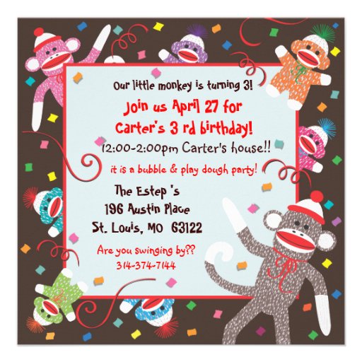 Sock Monkey Birthday Party Invitation Card