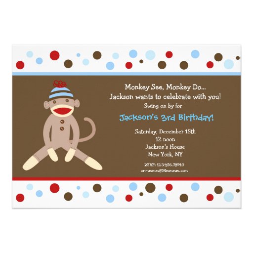 Sock Monkey Birthday Party Invitations Boy Kids