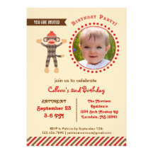 Sock Monkey Birthday Photo Invitation