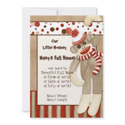 Sock Monkey, Boy Birth Announcement by AudreyJeanne
