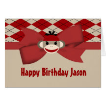 Sock Monkey Boy Gingham Birthday Party Greeting Cards