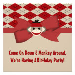 Sock Monkey Boy Gingham Birthday Party invitations