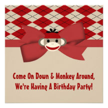 Sock Monkey Boy Gingham Birthday Party Invites