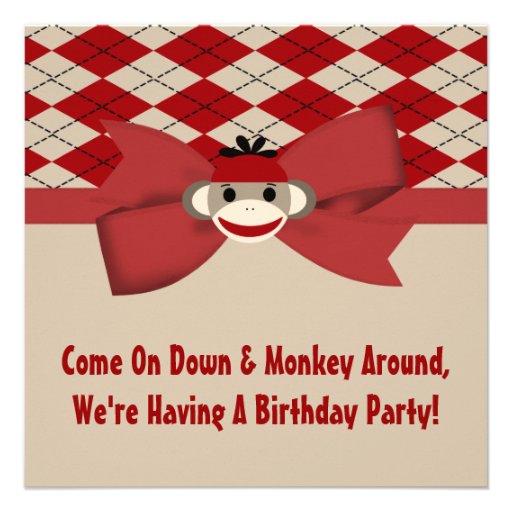 Sock Monkey Boy Gingham Birthday Party Invites