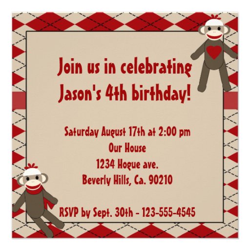 Sock Monkey Boy Gingham Birthday Party Invites