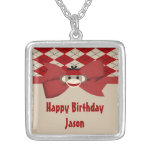 Sock Monkey Boy Gingham Birthday Party Personalized Necklace