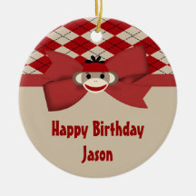 Sock Monkey Boy Gingham Birthday Party Christmas Ornaments