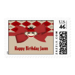 Sock Monkey Boy Gingham Birthday Party Postage Stamps