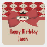 Sock Monkey Boy Gingham Birthday Party Square Sticker
