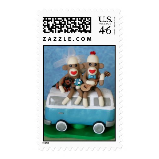 Sock Monkey Bride & Groom w Guitar on Camping Van Postage Stamps