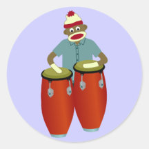 Sock Monkey Conga Drums Round Sticker