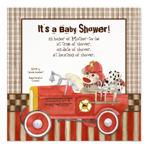 Sock Monkey, Fire Truck Boy Baby Shower Invitation