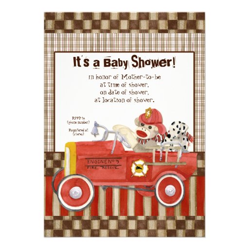 Sock Monkey, Fire Truck Boy Baby Shower Invitation