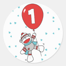 Sock Monkey First Birthday Round Sticker