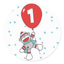 Sock Monkey First Birthday Round Sticker