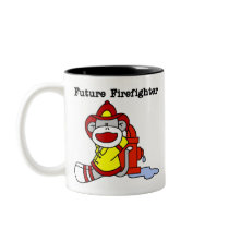 Sock Monkey Future Firefighter mugs by toddlersplace Sock Monkey Future Firefighter mugs