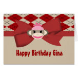 Sock Monkey Girl Gingham Birthday Party cards