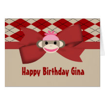 Sock Monkey Girl Gingham Birthday Party Card