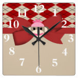 Sock Monkey Girl Gingham Birthday Party Square Wallclock