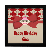 Sock Monkey Girl Gingham Birthday Party Gift Box
