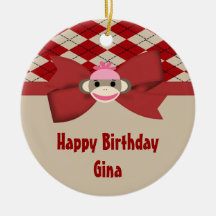 Sock Monkey Girl Gingham Birthday Party Ornament