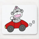 Sock Monkey Girl in Red Car mousepads by toddlersplace Sock Monkey Girl in Red Car mousepads