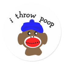 Sock Monkey "I THROW POOP" Round Stickers