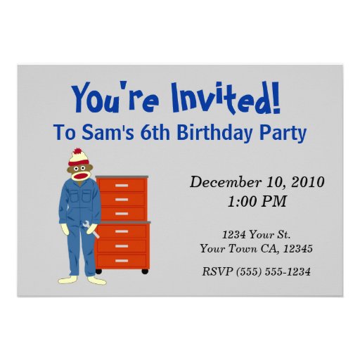 Sock Monkey Mechanic Party Invitations