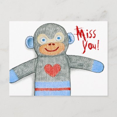 Sock Monkey &quot;Miss You&quot; Postcard by laurajholman