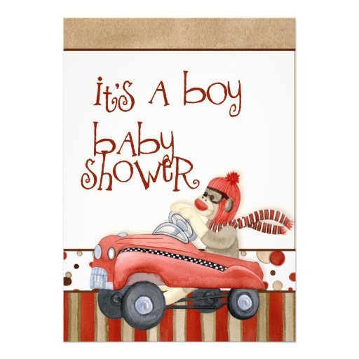 Sock Monkey Pedal Car, Boy Baby Shower Invitation