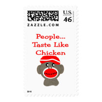 Sock Monkey  "PEOPLE TASTE LIKE CHICKEN" Postage Stamp
