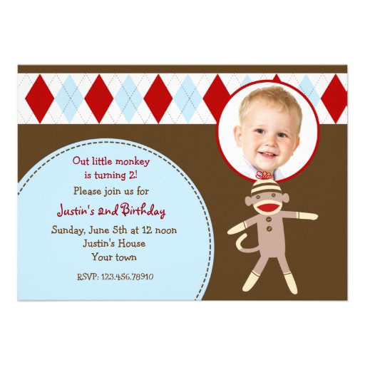 Sock Monkey Photo Birthday Party Invitations