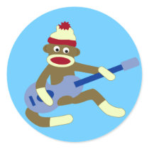 Sock Monkey Playing Blue Guitar Round Stickers