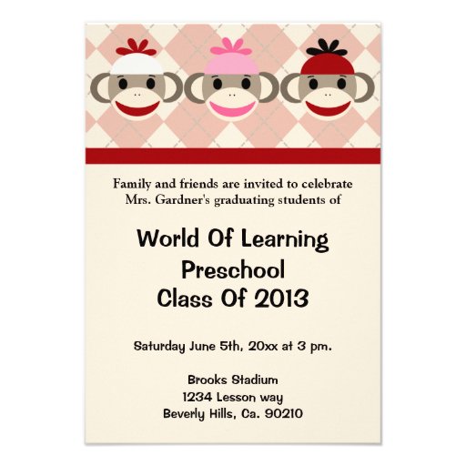 Sock Monkey Preschool Or Kindergarten Graduation Custom Invites (front side)