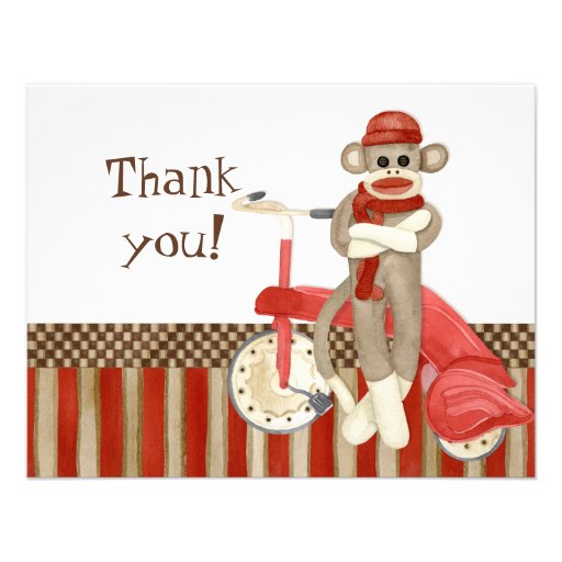 Sock Monkey Retro Tricycle, Thank You Note Cards Custom Invitation