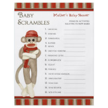 Sock Monkey, Shower Bingo n Scramble Game Full Color Flyer