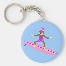 Sock Monkey Surfer Girl Key Chain