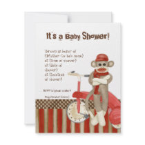 Sock Monkey, Tricycle, Boy Baby Shower Invitation