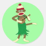 Sock Monkey Ukulele Round Sticker