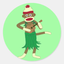 Sock Monkey Ukulele Round Sticker